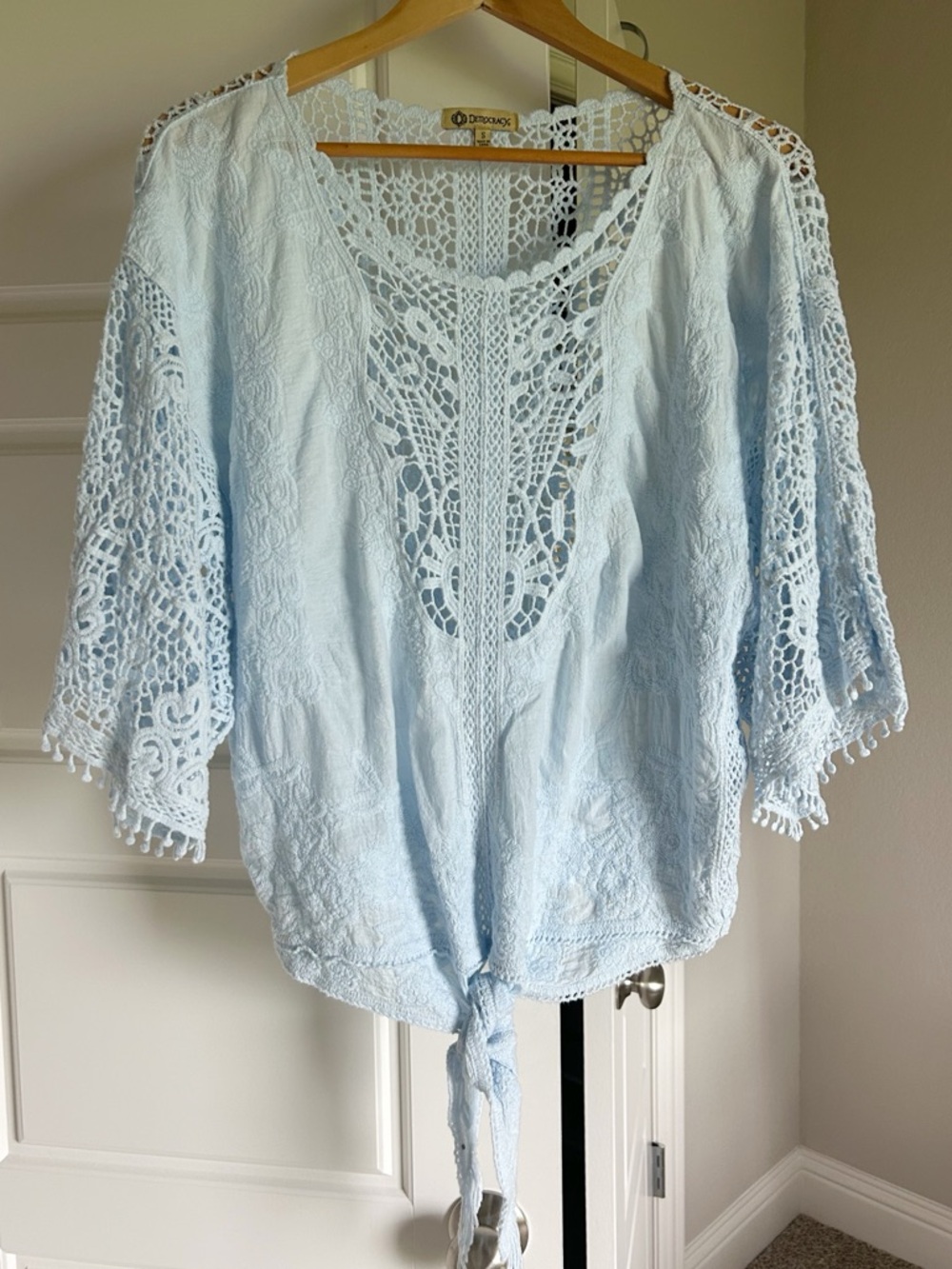 Democracy Airy Crochet Tie Front Kimono Sleeve Cotton Bohemian Oversize Top Blue